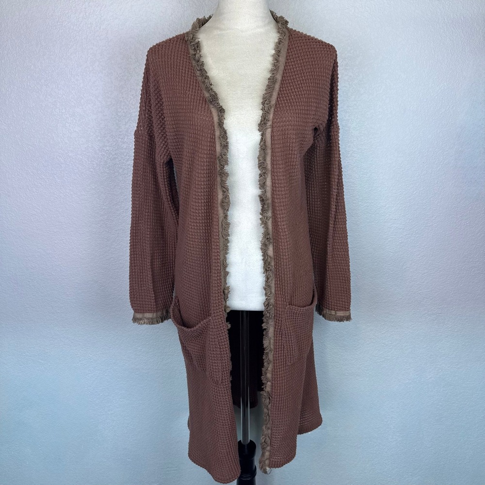 Waffle Knit Longline Fringe Trim Duster Cardigan Brown Womens Pockets Sz Sm Boho